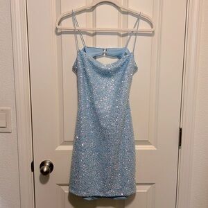 Windsor Shimmer Sequin Strappy Mini Dress in Light Blue size medium
